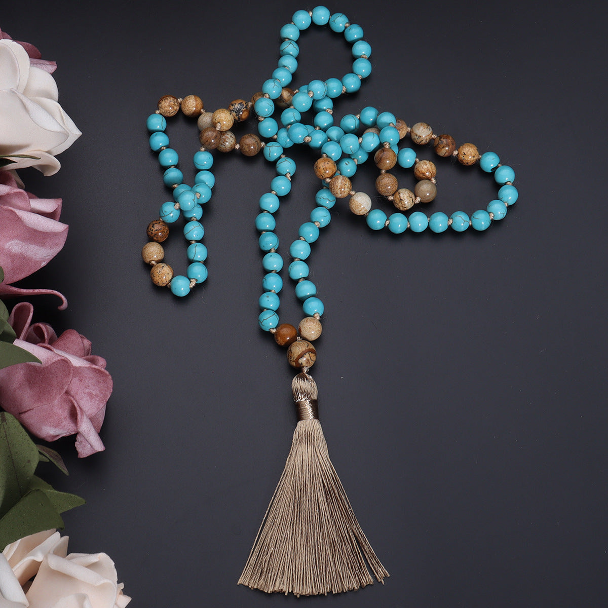 108 Mala Necklace - Vintage Turquoise Painted Stone - My Store