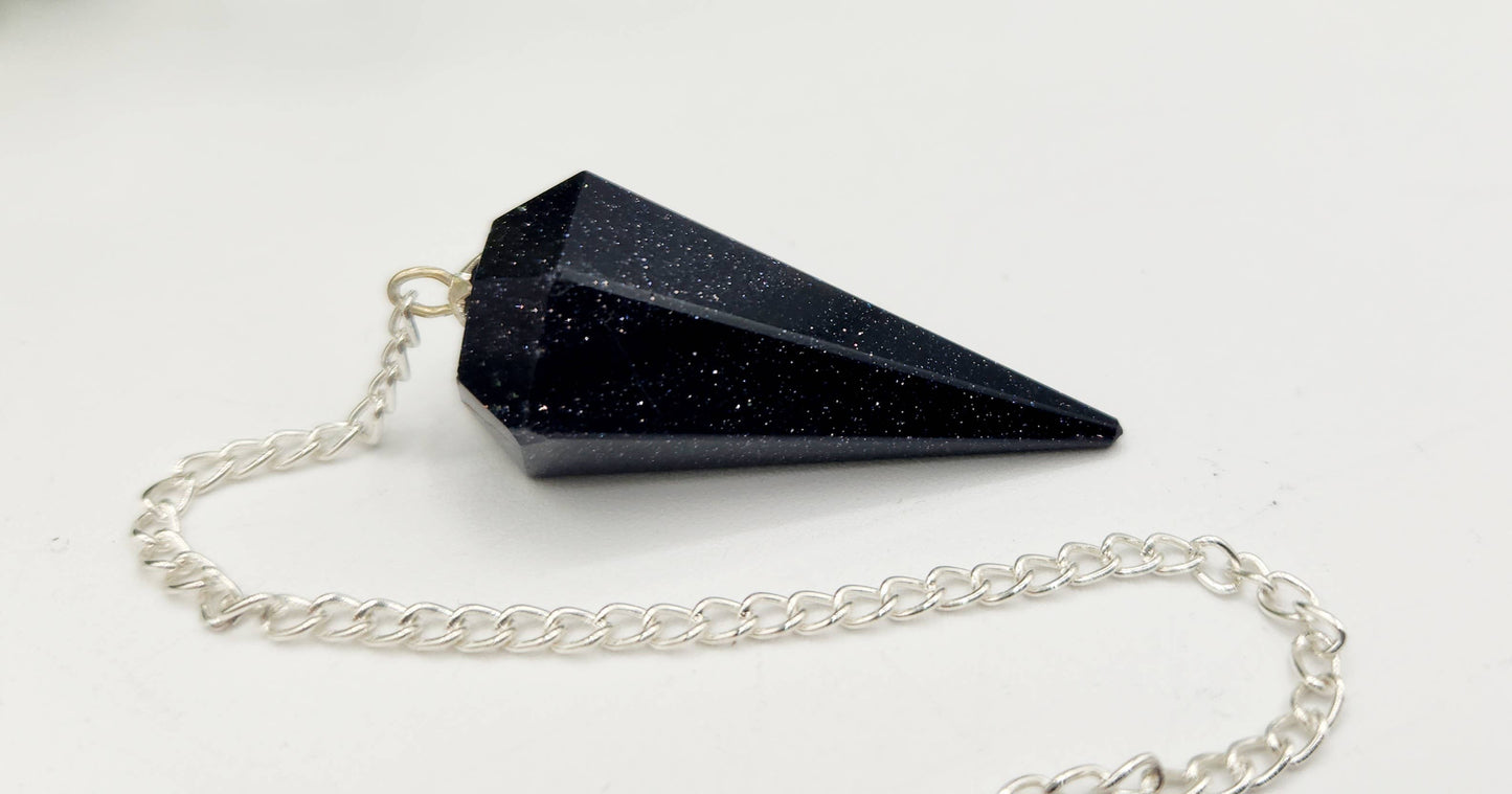 Blue Goldstone Pendulum w/Silver Plated Chain& Clear Quartz - My Store