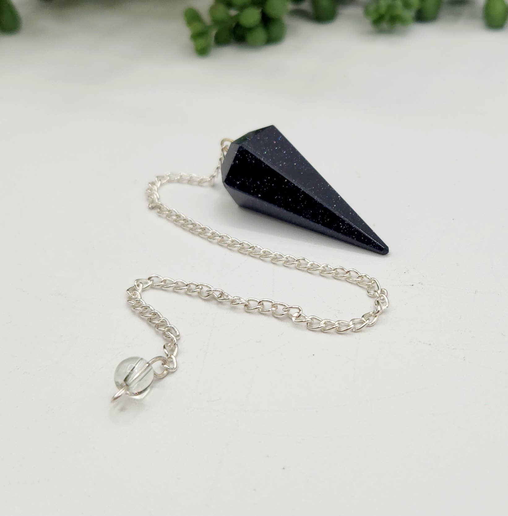 Blue Goldstone Pendulum w/Silver Plated Chain& Clear Quartz - My Store